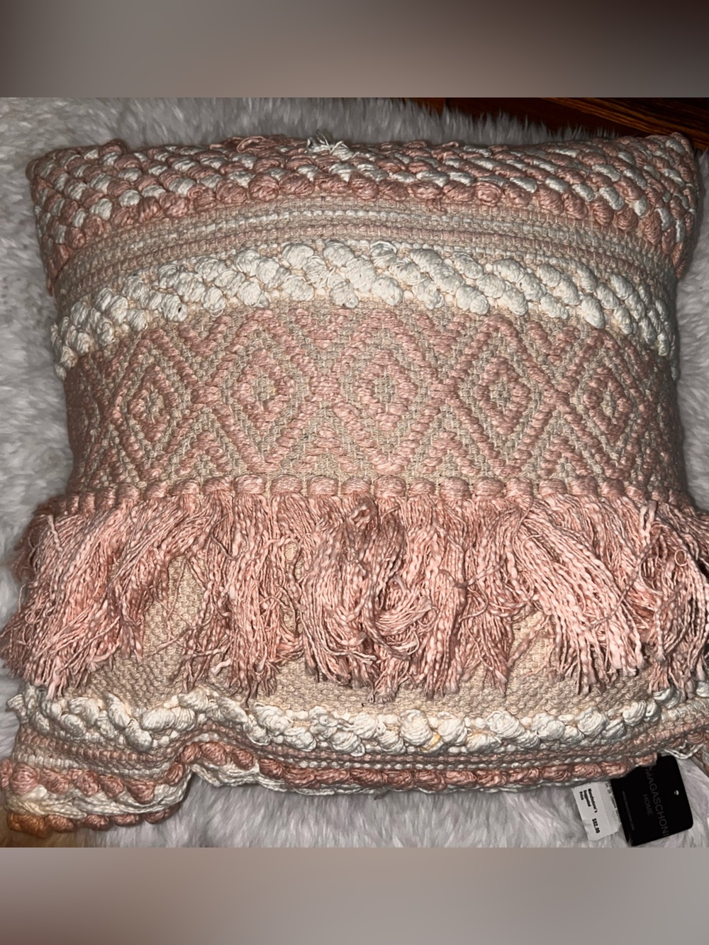 Magaschoni Pink and Cream Boho Textured Fringe Accent Pillow
